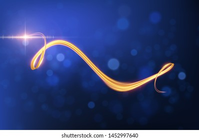Golden ribbon spiral with light trail effect and energy lines vector background. Abstract light painting speed motion effect. Shiny wavy trail.