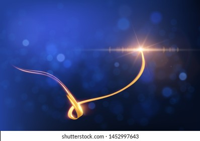 Golden ribbon spiral with light trail effect and energy lines vector background. Abstract light painting speed motion effect. Shiny wavy trail.