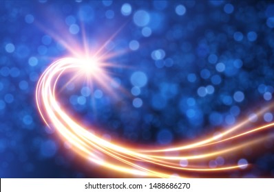 Golden ribbon spiral with light trail effect and energy lines vector background. Abstract light painting speed motion effect. Shiny wavy trail.