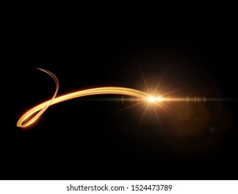 Golden ribbon spiral with light trail effect and energy lines vector background. Abstract light painting speed motion effect. Shiny wavy trail.