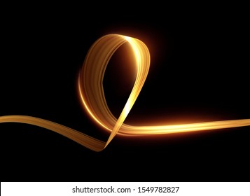 Golden ribbon spiral with light trail effect and energy lines vector background. Abstract light painting speed motion effect. Shiny wavy trail.