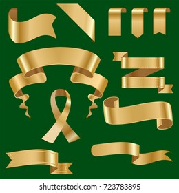 Golden ribbon tape banner flag bow classic glossy scroll vector illustration.