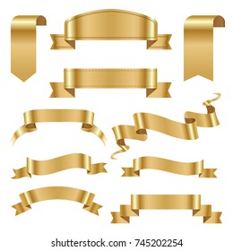 Golden ribbon tape banner flag bow classic glossy scroll vector illustration.