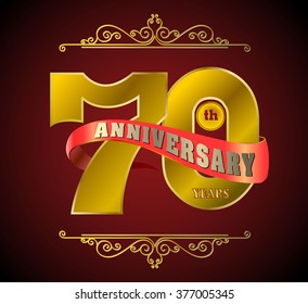 Golden and ribbon Template logo 70th anniversary, vector illustrator