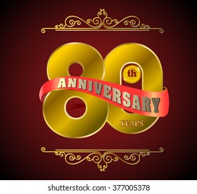 Golden and ribbon Template logo 80th anniversary, vector illustrator