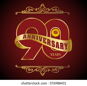 Golden and ribbon Template logo 90th anniversary, vector illustrator