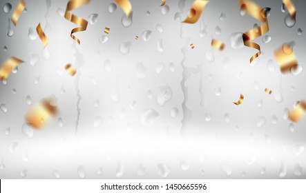Golden ribbon vector background design with flying confetti of gold and rain drops on the window. Elegant festive decoration template