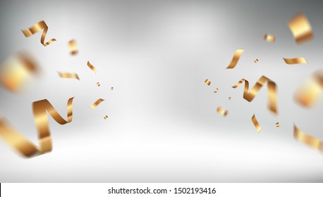 Golden ribbon vector background design with flying confetti of gold. Elegant festive decoration template