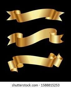 Golden ribbons banner decorative set.