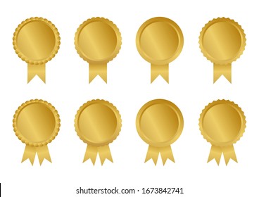 golden ribbons collection and banner of premium award medals and guarantee labels isolated on white background. vector illustration