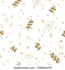 Golden ribbons, confetti, stars background. Seamless pattern. Vector illustration EPS 10
