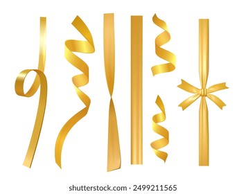 Cintas doradas. Elegante y brillante conjunto de Ilustración vectorial de varias cintas doradas: rizado, recto, y atado en un lazo. Ideal para decoraciones, envoltura de regalos y diseños festivos.