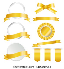 Golden Ribbons, flag and labels Set isolated On White Background. Vector Illustration for your design