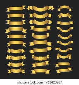 Golden ribbons and gold award banners set on black background. Set of yellow ribbon banner, illustration of golden blank ribbon decoration for design