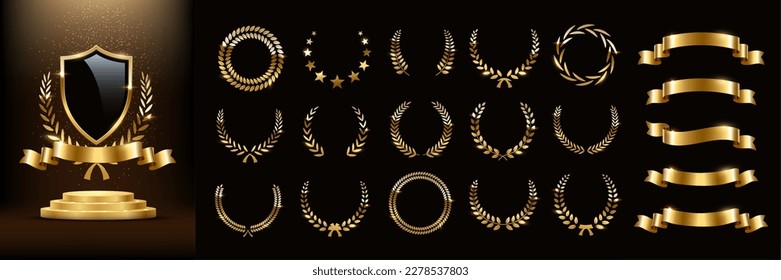 Golden ribbons, laurel wreaths of different shapes set for 3d gold podium with black shield vector illustration. Realistic recognition award, winners trophy with falling glitter on dark background