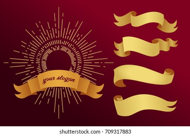 Golden ribbons on a red background. The sun's rays are framed by a decorative strip. Isolated objects. Template for branding. Vector illustration.