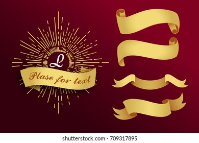 Golden ribbons on a red background. The sun's rays are framed by a decorative strip. Isolated objects. Template for branding. Vector illustration.