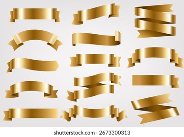 Golden Ribbons Set With Grey Background With Gradient Mesh, Vector Illustration