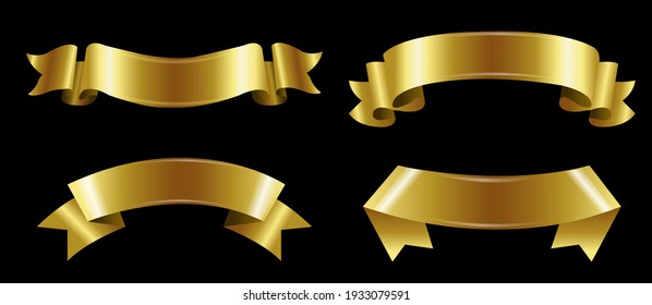 Golden Ribbons Set Isolated Black Background, Vector Illustration