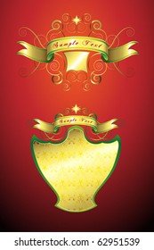 Golden ribbons with shield and curly elements for vintage label on red background