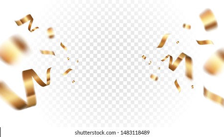 Golden ribbons vector design. Transparent luxury flying gold confetti in empty space. Elegant festive decoration for photo, gift card or web banner template