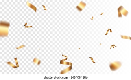 Golden ribbons vector design. Transparent luxury flying gold confetti in empty space. Elegant festive decoration for photo, gift card or web banner template