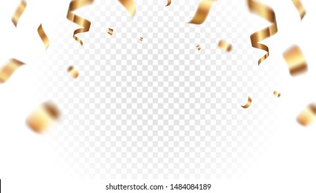 Golden ribbons vector design. Transparent luxury flying gold confetti in empty space. Elegant festive decoration for photo, gift card or web banner template