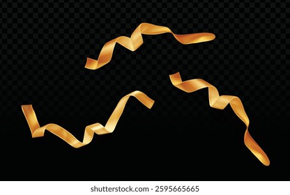 Golden Ribbons Vector: Metallic Sheen, Dark Checkered Background, Swirling Pattern, Festive Design, Transparent Element, Luxurious Texture, Dynamic Arrangement, Elegant Ribbons, Celebration Motif.