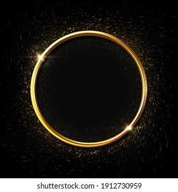 Golden ring background. Circle award frame with sparkle light effects, shiny metal shape design. Top view of gold jewelry. Glittering round framework. Vector festive banner template with copy space