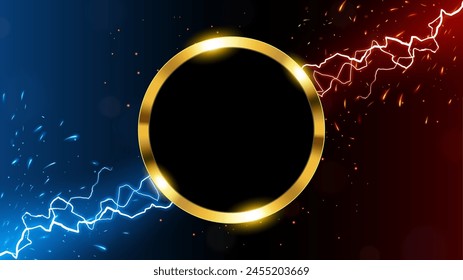 Golden Ring Banner with Fire Sparks and Lightning Strikes, Isolated on Red and Blue Background, Easy to Edit, Vector Illustration