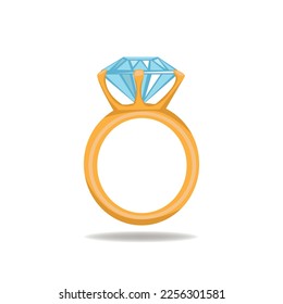 Golden ring with big diamond. Princess jewelry. Cartoon style. Vector illustration isolated on white background.