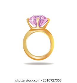 Golden ring with big pink diamond. Princess jewelry. Cartoon style. Vector illustration isolated on white background.