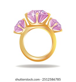 Golden ring with big pink diamond. Princess jewelry. Cartoon style. Vector illustration isolated on white background.