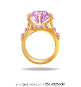 Anillo dorado con gran diamante rosa. Joyas de princesas. Estilo de dibujos animados. Ilustración vectorial aislada sobre fondo blanco.