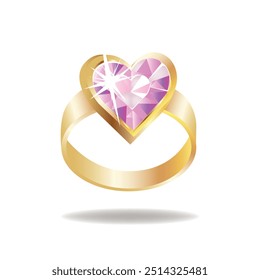 Golden ring with big pink diamond. Princess jewelry. Cartoon style. Vector illustration isolated on white background.