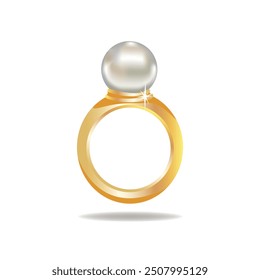 Golden ring with big white pearl. Princess jewelry. Cartoon style. Vector illustration isolated on white background.