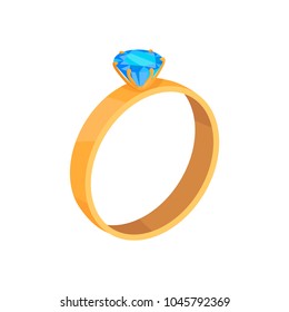 Golden ring with blue diamond icon. Wedding ring with precious gemstome flat vector illustration isolated on white background