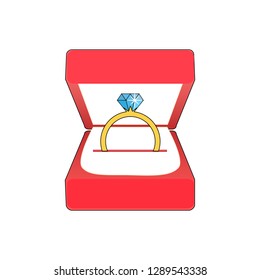 Golden ring with a blue diamond in a red box vector illustration