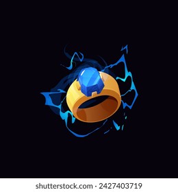 Golden ring with blue gem and lightnings flat style, vector illustration isolated on black background. Decorative design element, magic asset, online game GUI and interface