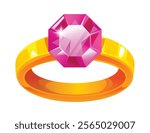 Golden ring with bright pink gemstone, symbolizing elegance and love. Vector cartoon illustration