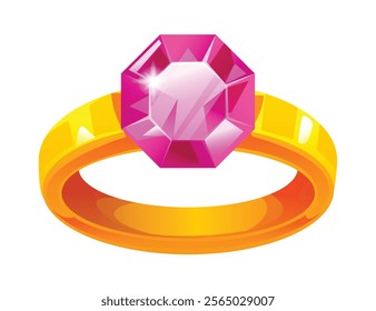 Golden ring with bright pink gemstone, symbolizing elegance and love. Vector cartoon illustration