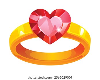 Golden ring with brilliant red heart gemstone, symbolizing love and romance. Vector cartoon illustration