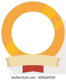 Golden ring decorated with scroll and red ribbon, in flat style and long shadow.