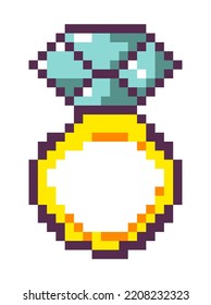 Anillo dorado con diamante o brillante. joyería pixelada aislada para princesa. Interfaz de juego de arcade o torneo y elementos. Arte de píxeles, gráficos retro de 8 bits, diseño de juegos antiguos. Vector de estilo plano