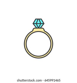 Golden ring with diamond flat line icon.