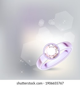 Golden ring with diamond on light grey background