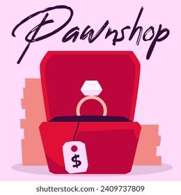 Goldener Ring mit einem Diamanten in roter Schachtel mit Preisschild. Der Kunde kauft oder verkauft Schmuck und erhält Bargeld, Münzen. Vektorgrafik der Bewertung von Business Service. Pfahlladen-Poster