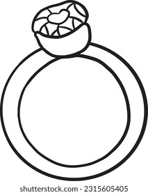 Golden ring with diamond vector outline illustration. Hand drawn engagement cute ring in vector doodle style. Design for wedding cards, invitations, valentines day, romantic and love concept.