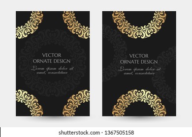 Golden ring in Easter style. Luxury vertical posters with ornaments on the black background. Vector design with decorative elements and copy space for vip invitation, funeral cards and other.