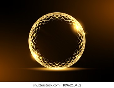 Golden ring frame of Flower of Life symbol. Geometrical figure, composed of overlapping gold circles. Luxury Business globe logo design, vector isolated on black background 